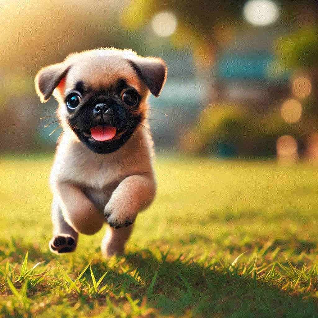 Un chiot Carlin en train de courir également